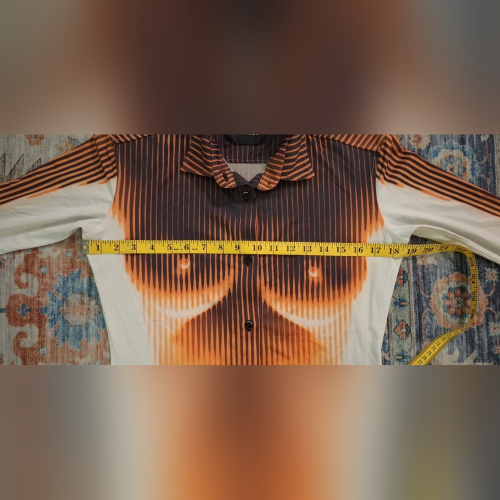 Jean Paul Gaultier Orange and Black Graphic Stripe Button-Up Shirt. UNISEX - Picture 9 of 11